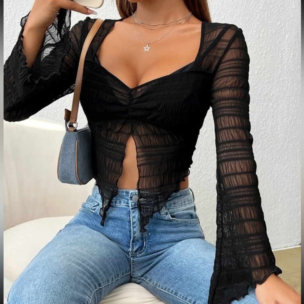 SHEIN Sweetheart Neck Split Mesh Top Black Size S NEW - Picture 1 of 3